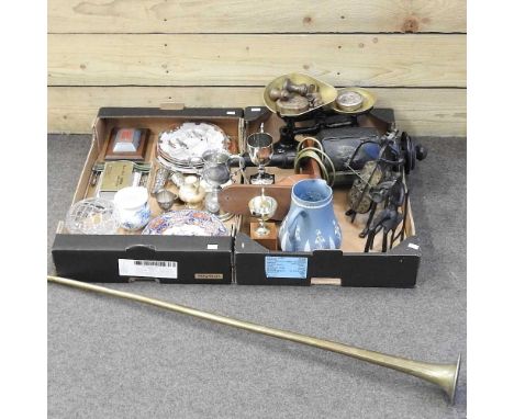  A set of scales, together with a collection of silver plate and metalwares, to include a hunting horn