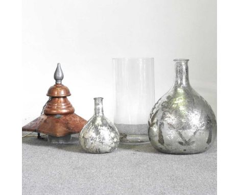 An antique copper lantern, converted into a ceiling light, together with a glass vase, 50cm high and two bottle vases (4)
