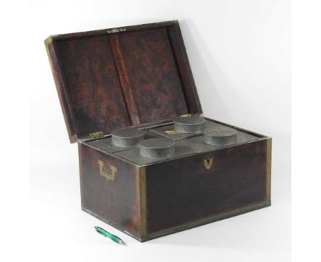A large early 19th century Chinese export burr yew and brass bound tea caddy, with a hinged lid, flanked by recessed brass ha