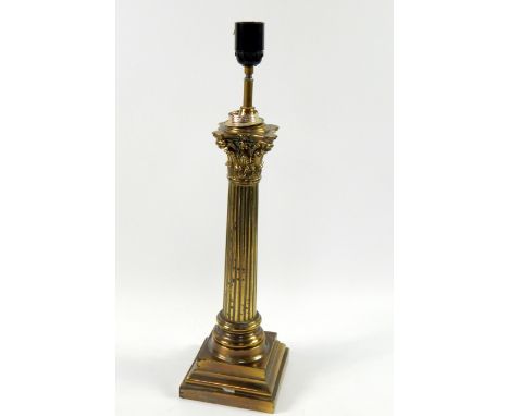 A brass Corinthian column table lamp, raised on a stepped, square base, 55cm high.