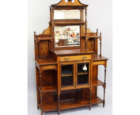 A Victorian rosewood and inlaid display cabinet, the broken arch pediment over shelves and two mirrors, above a pair of glaze