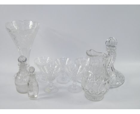 A Waterford cut glass ship's decanter, decorated in the Nocturne pattern, cut glass water jug, Royal Brierley vase, five cham