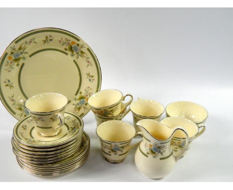 A Royal Doulton porcelain part tea service, decorated in the Adrienne pattern, comprising bread plate, cream jug, sugar bowl,