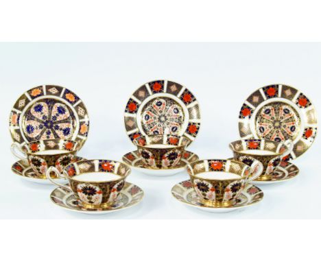 A group of five Royal Crown Derby porcelain tea cups and saucers, decorated in the Old Imari pattern, No 1128, printed marks,