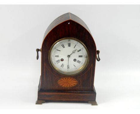 A Victorian rosewood and paterae inlaid domed mantel clock, enamel dial bearing Roman numerals, Japy Freres et Cie eight day 