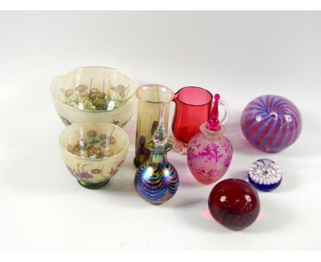 A Studio glass vase and two bowls, decorated with poppies against an iridescent ground, foundry paperweight, two further pape