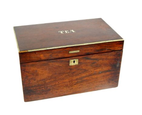 A Victorian rosewood and brass inlaid twin division tea caddy, of rectangular section, the lid inlaid TEA, 23.5cm x 13.5cm x 