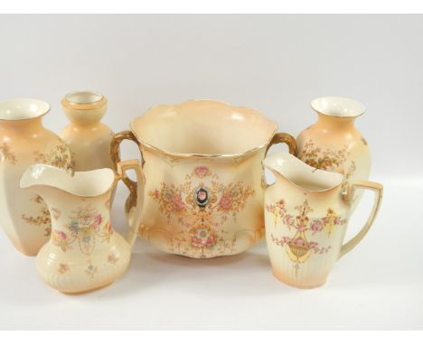 Crown Ducal and Crown Devon blush pottery, including vases, jugs, rose bowl, comport and jardiniere, (a quantity).