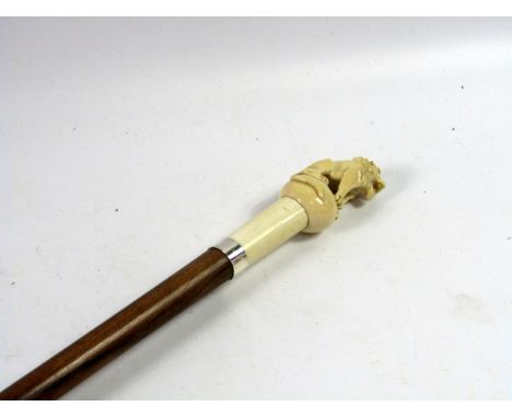 A 19thC walking stick, with an ivory handle carved with a seated lion.