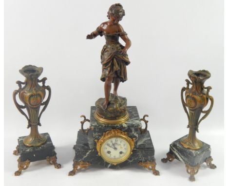 A French marble and spelter mantel clock garniture, clock surmounted with a figure of Benicheuse, enamel dial painted with fl