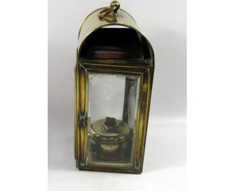 A brass lantern, 40cm high, brass and mesh fire guard, Persian brass tray and three fire tools.