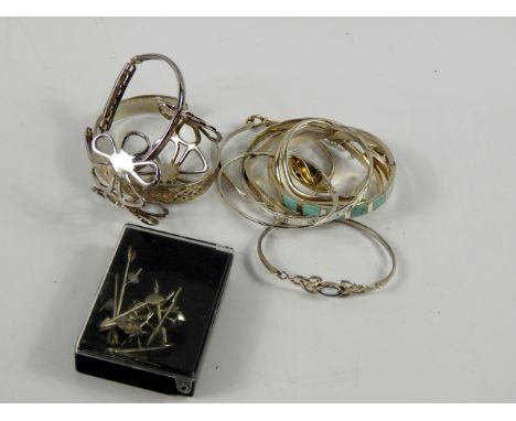 Silver and white metal bangles, and arrow form pins, 6.5oz, (a quantity).