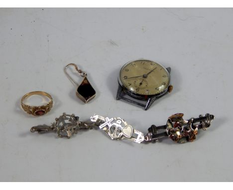 A gentleman's Ancre wristwatch in stainless steel case, a dress ring set with a garnet, three silver brooches and a Blue John