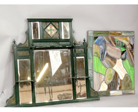A Victorian wooden overmantel mirror, green painted with shelf superstructure and tile inset, 100.5cm x 112cm, and a leaded l