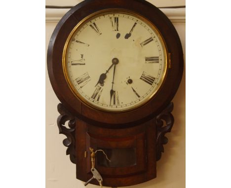 A Victorian walnut drop dial wall clock, enamel dial bearing Roman numerals, eight day movement, 58cm x 41cm.