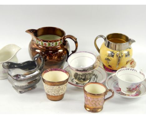 Victorian and later Sunderland and other lustre pottery, including a pair of bat printed tea cups and saucers, jug decorated 