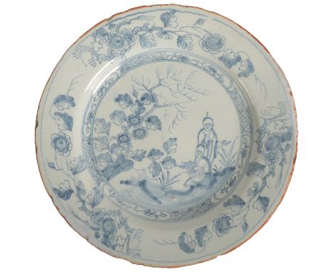 A LIVERPOOL DELFT PLATE circa 1740, decorated with oriental figures in a landscape, 21cm diameterProvenance: Acquired from Jo