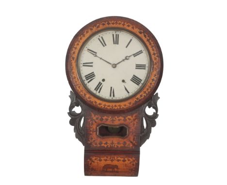A VICTORIAN MARQUETRY WALL CLOCK the two train movement striking on a bell, the enamel dial with Roman numerals, the case inl