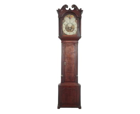 A GEORGE III OAK LONGCASE CLOCK the eight day two train movement striking on a bell, the painted dial with a subsidiary secon