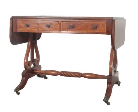 A GEORGE III MAHOGANY AND CROSSBANDED SOFA TABLE with two short frieze drawers to one side and two faux drawers to the other,