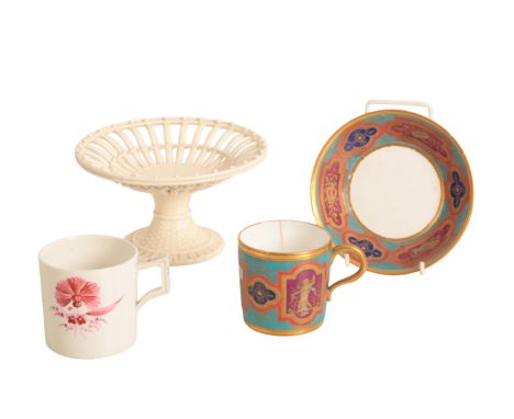 A DERBY PORCELAIN CUP mid-18th century, decorated with pink flowers and foliage, 6.5cm diameter; together with a 19th century