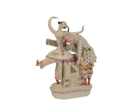 A MEISSEN PORCELAIN GROUP 'PETRUSHKA' modelled by Peter Sheurich, impressed no. 73323, 27cm high x 22cm wide x 12cm deepNote: