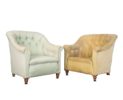 A PAIR OF VICTORIAN 'COUNTRY HOUSE' TUB ARMCHAIRS one with velvet and one with blue damask button-back covers, on turned fron