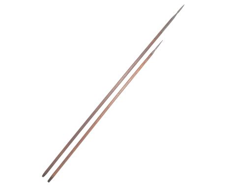 TWO BOARDING SPEARS 19th century, the blades of tapering triangular section, the langets secured by screws, on wooden hafts o