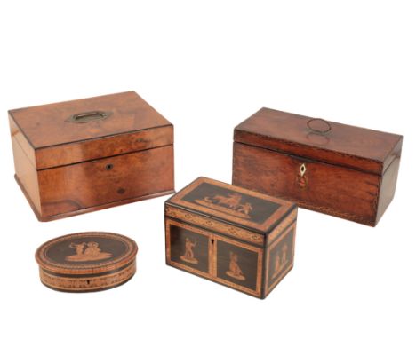 A GROUP OF FOUR BOXES including a Victorian walnut jewellery casket, with a hinged lid, single drawer and fitted interior, 15