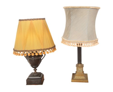 A VICTORIAN BLACK SLATE AND BRONZE MOUNTED TABLE LAMP of urn form, on stepped plinth base, 32cm high; together with a similar