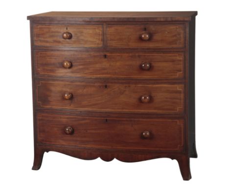A REGENCY MAHOGANY AND SATINWOOD STRUNG BOWFRONT CHEST OF DRAWERS with two short and three long graduated drawers above a sha