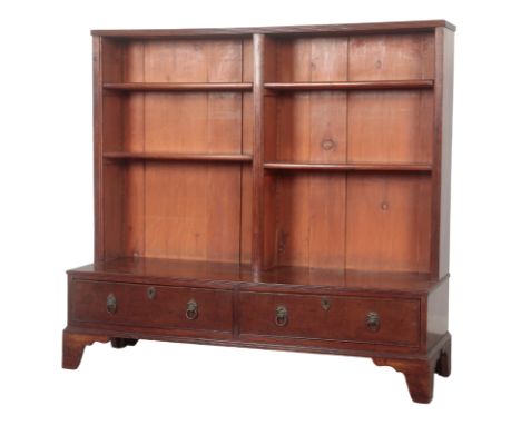 A GEORGE III STYLE MAHOGANY BOOKCASE with four shelves over two short drawers, on shaped bracket feet, 121cm high x 128cm wid