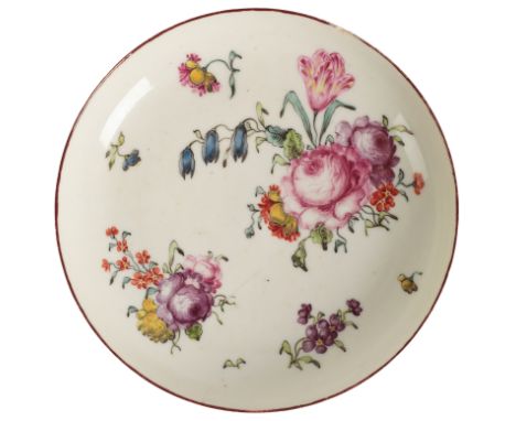 A LONGTON HALL PORCELAIN SAUCER circa 1760, decorated with flower sprigs and with puce edge, 12cm diameterProvenance: Acquire