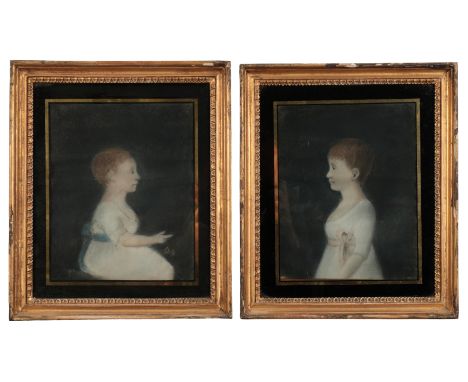 NAIVE SCHOOL, EARLY 19TH CENTURY A pair of opposing portraits depicting young girls wearing light dresses with bows, pastel o