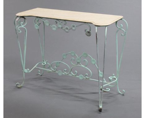 A wrought iron and marble topped inverted breakfront console table.  Width 117 cm, depth 46 cm, height 93 cm. 