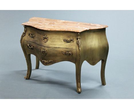A gilt painted commode chest, with red variegated marble top and two drawers with metal handles and embellishments.  Height 8