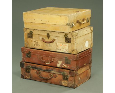A vintage pigskin 12 compartment shoe case and a matching suitcase, each with stencilled initials "EB", two brown leather sui