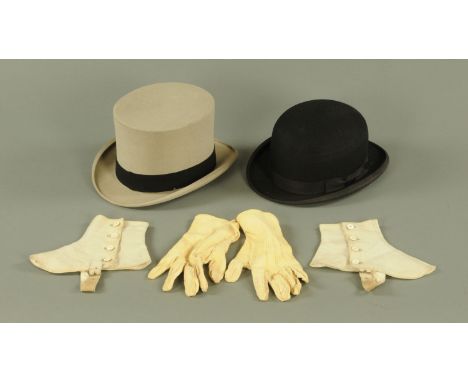A vintage Rowans grey top hat, a Rosebery black bowler hat, gloves and spats. 