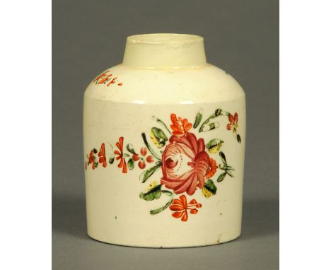 A creamware tea caddy, decorated with floral bouquet and sprigs (lid lacking).  Length 10 cm.