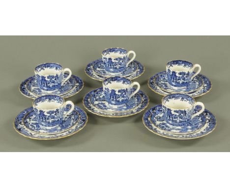 A Copeland's china 6 place blue and white willow pattern tea set, late 19th century, with rib moulded bodies and gilt rims, f