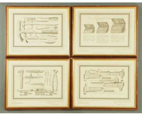 Four limited edition prints of tools, reproduced from the 1855 catalogue of Richard Timmins, each 39 cm x 49 cm, framed and n