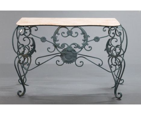 A wrought iron and marble topped console table, with serpentine front with peach coloured marble and green base.  Height 88 c