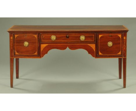 A George III inlaid mahogany sideboard, the flat top with crossbanded satinwood edging and inlaid with fans to the corners, w