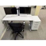 Ergonomic Electric Height Adjustable Desk 58" x 23", Swivel Arm Chair, (2) Asst Monitors, and 3