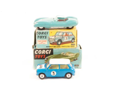 2 Corgi Toys. Lotus Mark Eleven Le Mans Racing Car (151). Example in mid blue with red seats, RN7. Plus a Morris Mini Cooper 