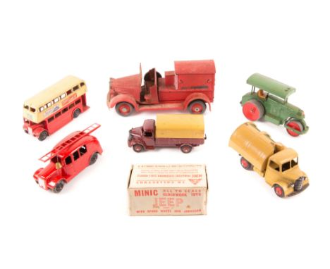 5 Dinky Toys and a Tekno tinplate fire truck. Streamlined Fire Engine. Austin Covered Wagon in dark brown with fawn tilt. Fir