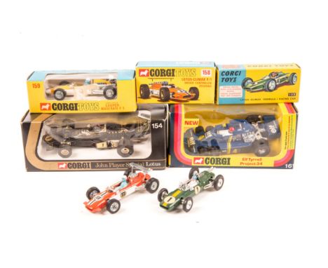 5 Corgi Toys single seat racing cars. A JPS Lotus (154) in black, RN1. A Lotus Climax F1 (155) in green RN1. A Lotus Climax F