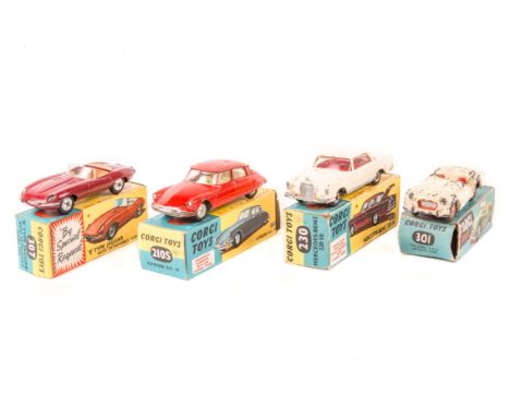 4 Corgi Toys. Citroen DS19 (210S) in red with yellow interior. Mercedes-Benz 220SE (230) in cream with red interior. Triumph 