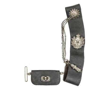 A Vic officer’s shoulder belt and pouch of a Vol Bn. The Cameronians (Scottish Rifles)  black leather belt, silver plated bad