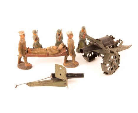 A scarce Elastolin larger scale WW1 German Stretcher Party. Figures measure 100mm, bearers finished in light khaki with white